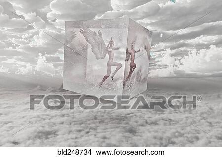 Picture - Angel in suspended animation in the clouds. Fotosearch