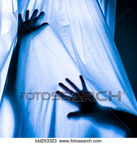 Stock Image - Arms of Caucasian man pressing against blue curtain. Fotosearch