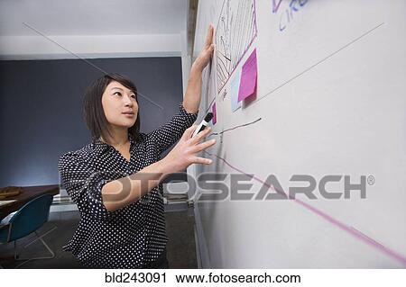 Stock Image - Asian businesswoman writing on whiteboard. Fotosearch