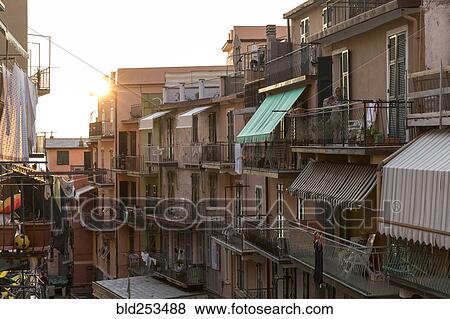 Balconies on apartment buildings, Manarola, Liguria, Italy View Large Photo Image Stock Photo - Balconies on apartment buildings, Manarola, Liguria, Italy. Fotosearch
