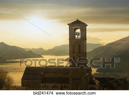 Bell tower at sunset, Gravedona, Lake Como, Italy View Large Photo Image Picture - Bell tower at sunset, Gravedona, Lake Como, Italy. Fotosearch