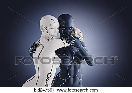 Black and white cyborg women hugging View Large Photo Image Stock Photo - Black and white cyborg women hugging. Fotosearch