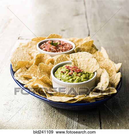 Stock Photo - Bowl of chips with salsa and guacamole. Fotosearch