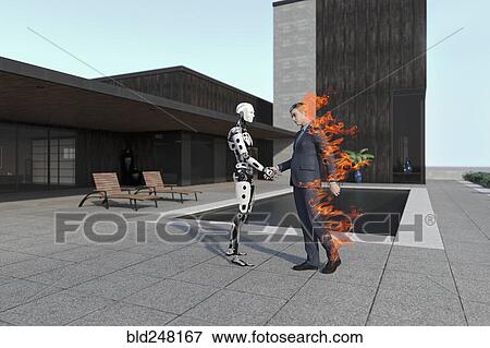 Burning businessman handshaking with cyborg View Large Photo Image Stock Photo - Burning businessman handshaking with cyborg. Fotosearch