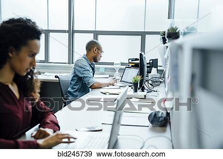 Business people using laptops in office View Large Photo Image Stock Photo - Business people using laptops in office. Fotosearch
