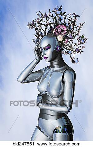 Stock Image - Butterflies on branch headdress of woman robot. Fotosearch