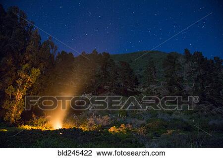Stock Image - Campfire at night under starry sky. Fotosearch