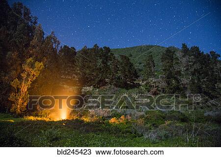 Stock Image - Campfire at night under starry sky. Fotosearch