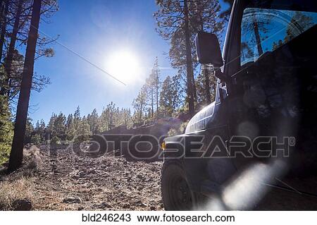 Stock Image - Car driving on dirt road on sunny day. Fotosearch