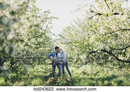 Stock Image - Caucasian couple holding hands under flowering trees. Fotosearch