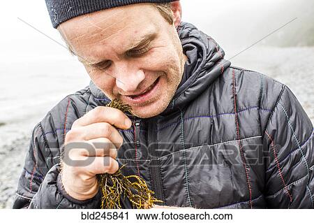 Stock Image - Caucasian man biting seaweed near ocean. Fotosearch