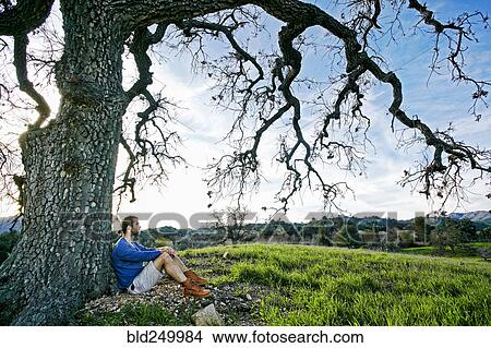 Caucasian man sitting in field leaning on tree trunk View Large Photo Image Picture - Caucasian man sitting in field leaning on tree trunk. Fotosearch