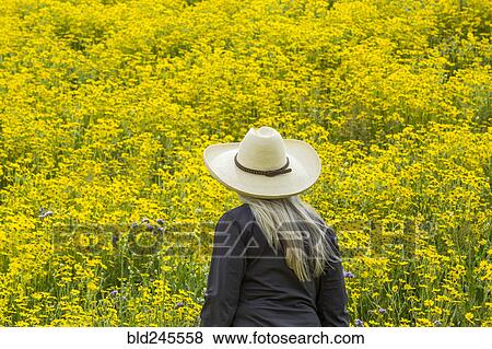 Stock Photo - Caucasian woman in field of yellow flowers. Fotosearch