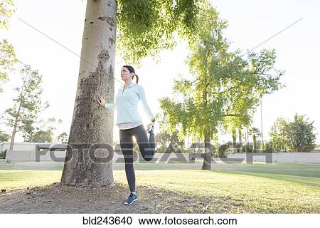 Caucasian woman leaning on tree stretching leg View Large Photo Image Stock Image - Caucasian woman leaning on tree stretching leg. Fotosearch