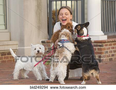Caucasian woman playing with dogs on city sidewalk View Large Photo Image Picture - Caucasian woman playing with dogs on city sidewalk. Fotosearch