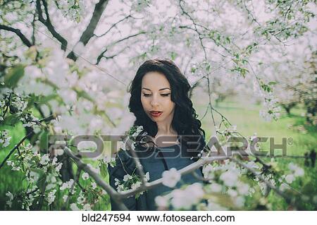 Caucasian woman standing near flowering tree View Large Photo Image Picture - Caucasian woman standing near flowering tree. Fotosearch