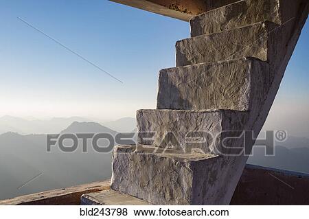 Concrete staircase overlooking scenic view of mountains View Large Photo Image Stock Photo - Concrete staircase overlooking scenic view of mountains. Fotosearch