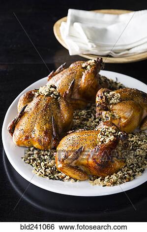 Cornish hens on plate with rice View Large Photo Image Stock Photograph - Cornish hens on plate with rice. Fotosearch