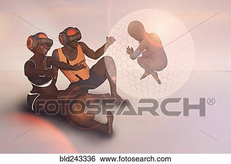 Stock Photograph - Couple wearing virtual reality helmets watching floating baby. Fotosearch