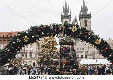 Crowd near Christmas decorations outdoors View Large Photo Image Stock Image - Crowd near Christmas decorations outdoors. Fotosearch