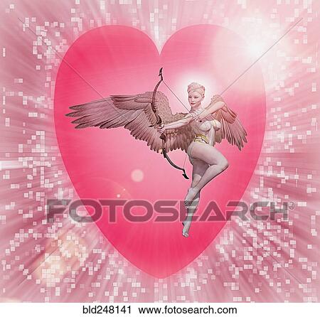 Stock Image - Cupid holding bow and arrow in cyberspace. Fotosearch