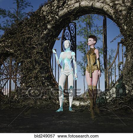 Cyborg and a woman standing in the garden View Large Photo Image Stock Photo - Cyborg and a woman standing in the garden. Fotosearch