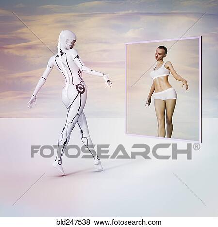 Cyborg and reflection of woman in virtual mirror View Large Photo Image Stock Photo - Cyborg and reflection of woman in virtual mirror. Fotosearch