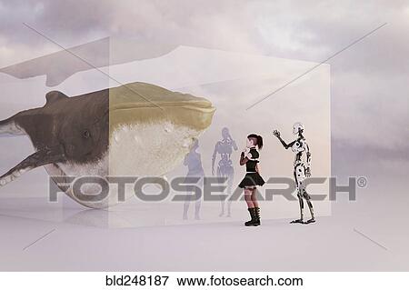 Cyborg teaching girl about whale View Large Photo Image Stock Photo - Cyborg teaching girl about whale. Fotosearch
