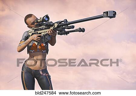 Picture - Cyborg woman aiming futuristic rifle. Fotosearch