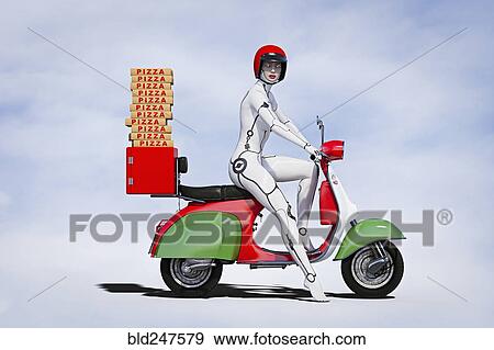 Stock Photo - Cyborg woman delivering pizza on motor scooter. Fotosearch