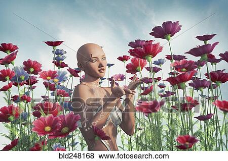 Cyborg woman enjoying flowers View Large Photo Image Stock Photo - Cyborg woman enjoying flowers. Fotosearch