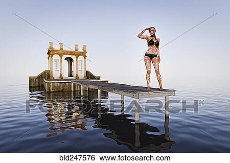 Stock Photograph - Cyborg woman searching on pier in ocean. Fotosearch