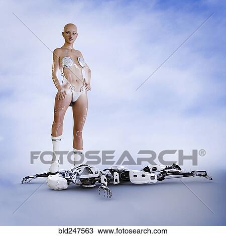 Cyborg woman standing on head of defeated man robot View Large Photo Image Stock Image - Cyborg woman standing on head of defeated man robot. Fotosearch
