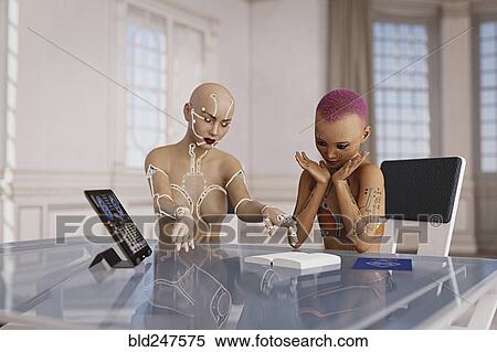 Cyborg woman teaching girl with book View Large Photo Image Stock Photography - Cyborg woman teaching girl with book. Fotosearch