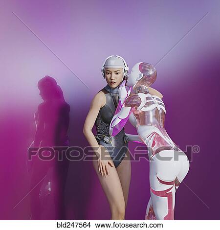 Cyborg woman whispering secret to woman View Large Photo Image Picture - Cyborg woman whispering secret to woman. Fotosearch
