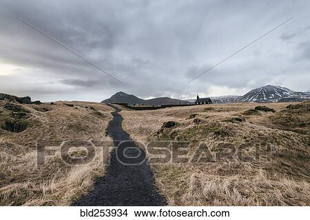 Dirt road to distant church, Hellissandur, Snaellsnes peninsula, Iceland View Large Photo Image Picture - Dirt road to distant church, Hellissandur, Snaellsnes peninsula, Iceland. Fotosearch