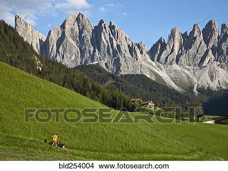 Picture - Distant man cutting grass on hill. Fotosearch