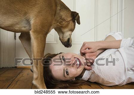 Stock Photography - Dog standing over Caucasian woman laying on floor. Fotosearch