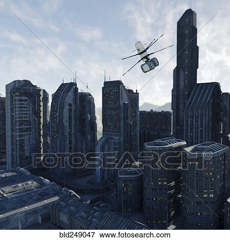 Stock Photo - Drone flying in futuristic city. Fotosearch
