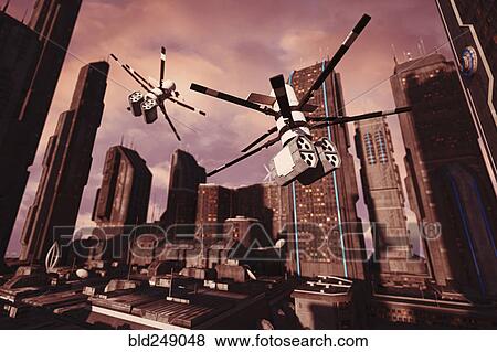 Drones flying in futuristic city View Large Photo Image Stock Photo - Drones flying in futuristic city. Fotosearch