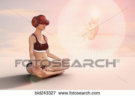 Expectant mother wearing virtual reality goggles meditating about baby View Large Photo Image Stock Photo - Expectant mother wearing virtual reality goggles meditating about baby. Fotosearch