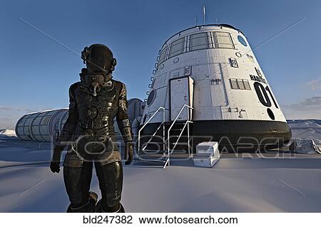 Stock Image - Explorer wearing space suit near spaceship. Fotosearch