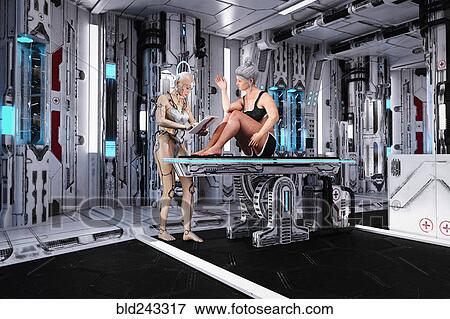 Female cyborg examining older woman on table View Large Photo Image Stock Photo - Female cyborg examining older woman on table. Fotosearch