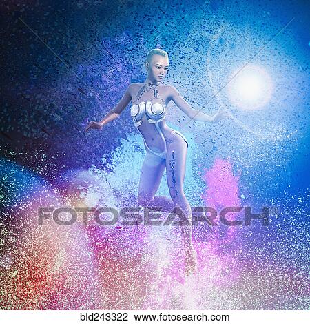 Stock Image - Female cyborg floating in digital sky. Fotosearch