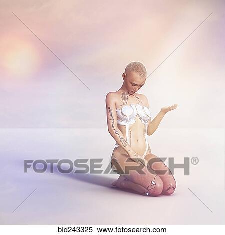 Stock Photography - Female cyborg kneeling and praying. Fotosearch