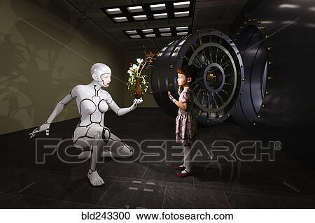 Female cyborg presenting flowers in vase to girl near vault View Large Photo Image Stock Image - Female cyborg presenting flowers in vase to girl near vault. Fotosearch