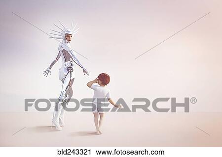 Female cyborg reaching for hand of boy View Large Photo Image Stock Image - Female cyborg reaching for hand of boy. Fotosearch