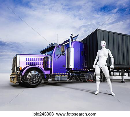 Female cyborg standing near purple semi-truck View Large Photo Image Stock Image - Female cyborg standing near purple semi-truck. Fotosearch