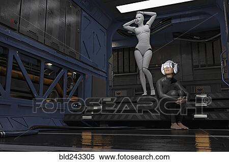 Stock Photography - Female cyborg standing near woman wearing virtual reality goggles. Fotosearch