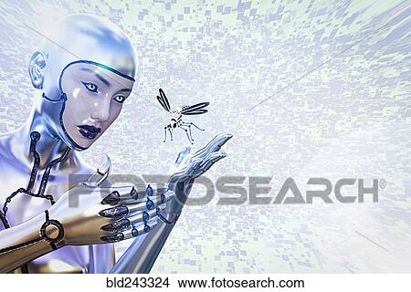 Female cyborg watching flying robot insect View Large Photo Image Picture - Female cyborg watching flying robot insect. Fotosearch